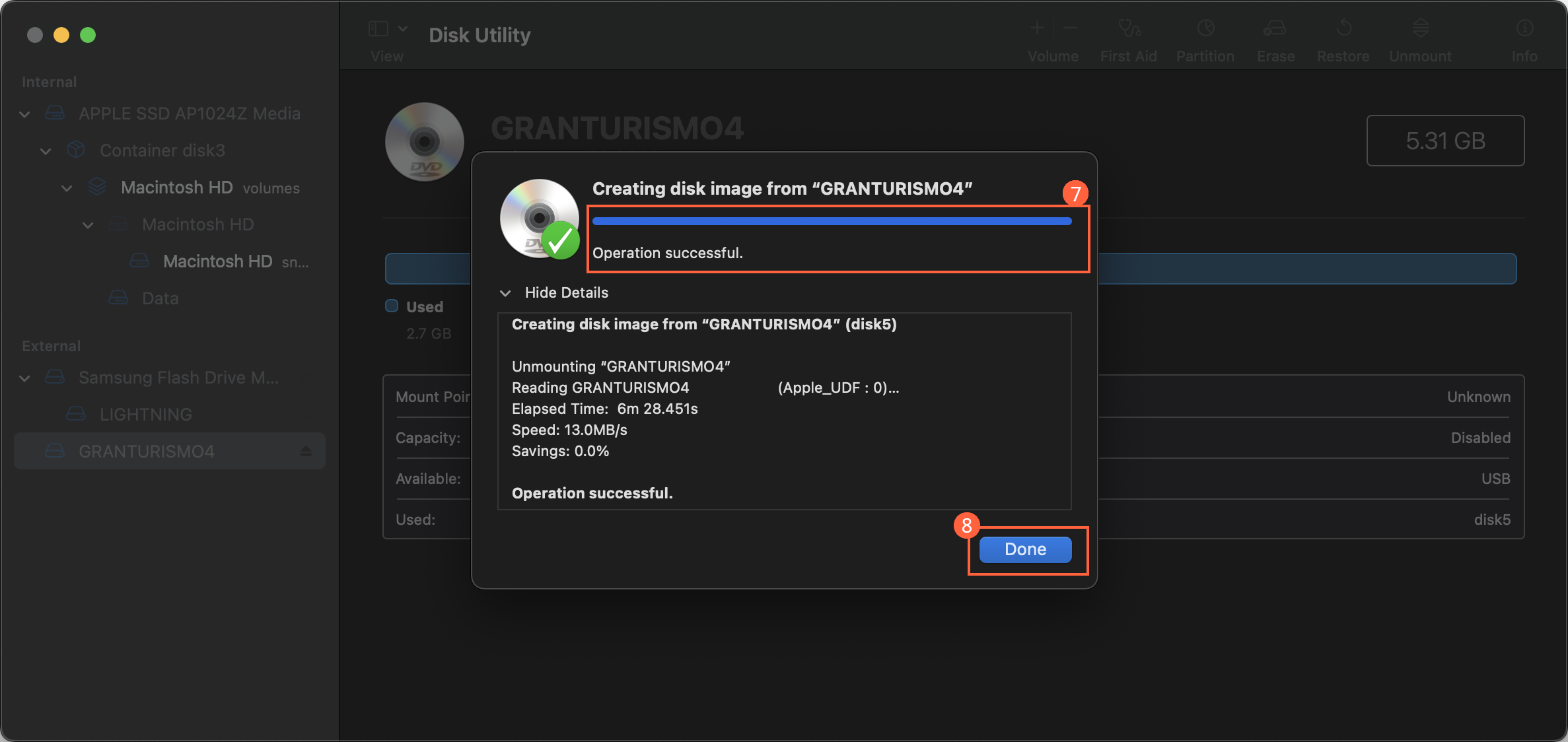 A Disk Utility window provides a status on the creation of a disk image. The process is done, indicated by a full, blue progress bar and the words Operation successful (step 7). Beneath that are details of the image creation process, which can be hidden. Because the operation is finished, there is a Done button at the bottom-right of the window (step 8).