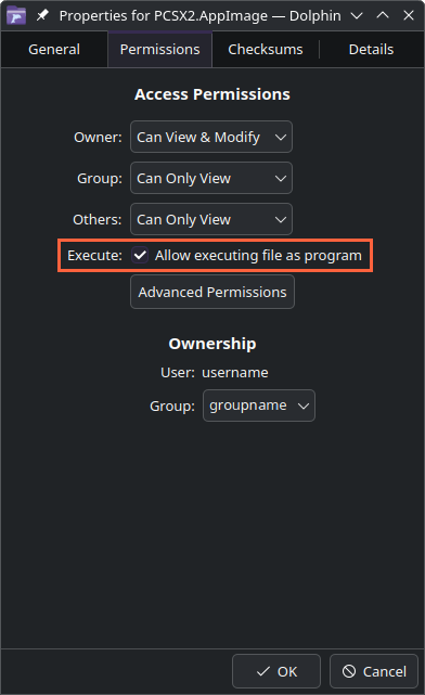 The KDE properties window for PCSX2.AppImage. The option Allow executing file as program is toggled on.