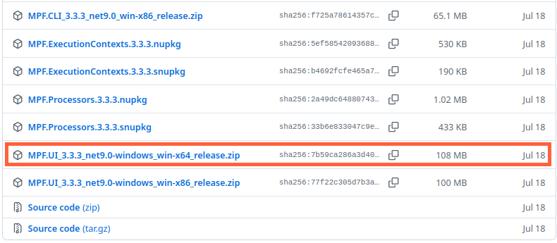 A package download page on GitHub. Highlighted is the package MPF.UI_3.3.3_net9.0-windows_win-x64_release.zip, used as an example.