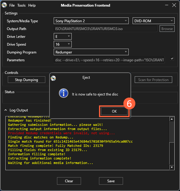 Above the MPF window is a message titled Eject, which reads: It is now safe to eject the disc. There is a button labeled OK at the bottom right of the message (step 6).