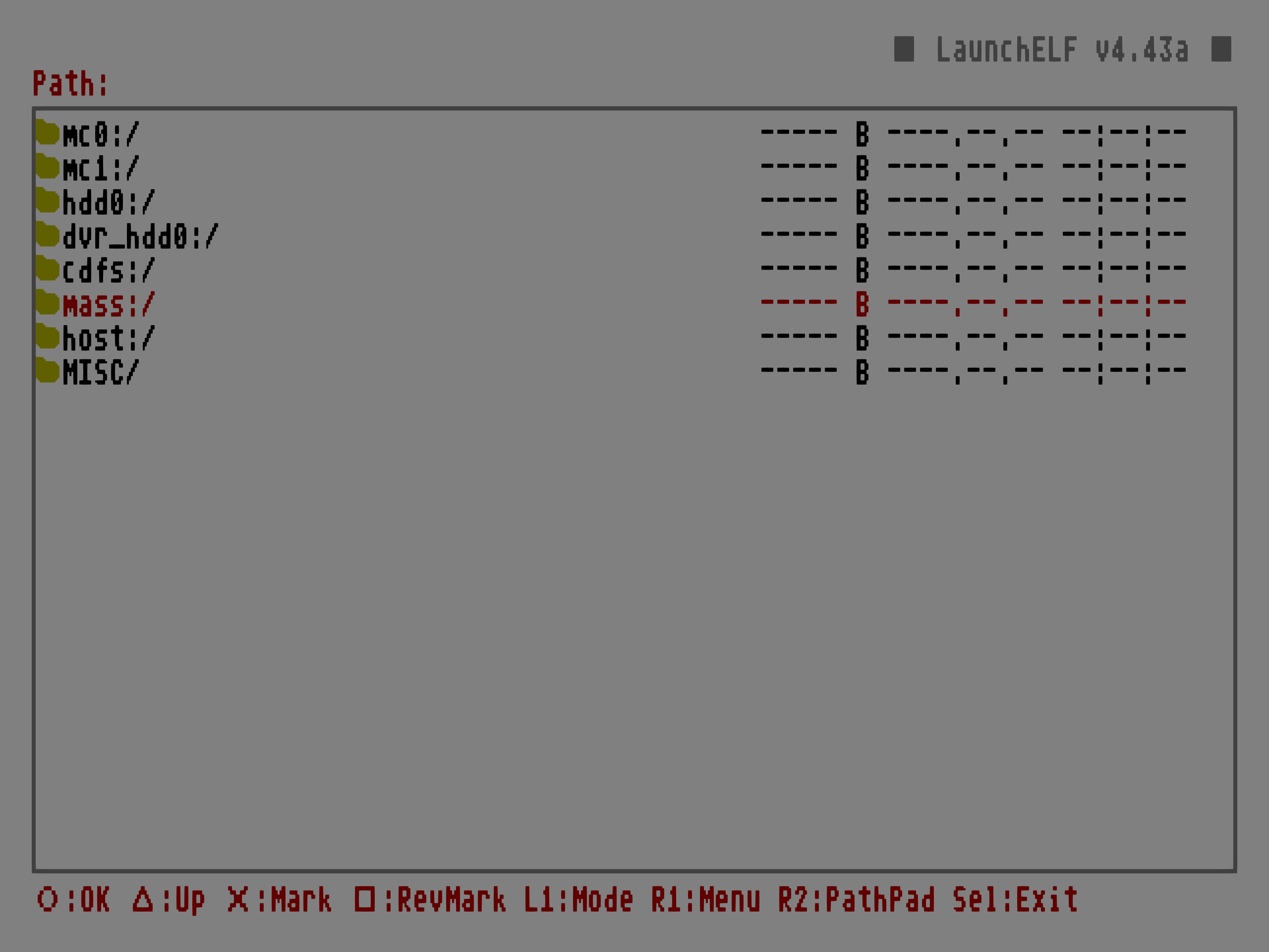A LaunchELF v4.43a screen displaying file paths. The row for mass:/ is highlighted in red. The bottom of the screen features PlayStation 2 buttons corresponding to options. The circle button is used for OK.