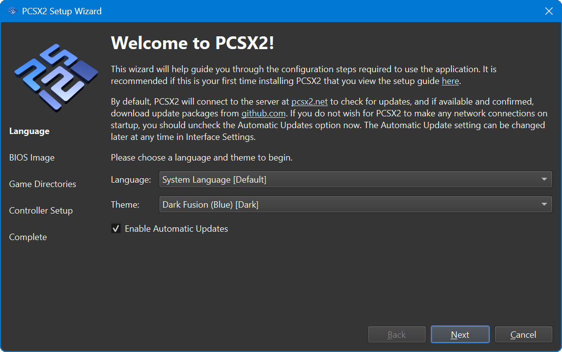 The first page of the PCSX2 setup wizard on Windows 11, headlined, Welcome to PCSX2!. The options shown are Language, Theme, and Enable Automatic Updates.